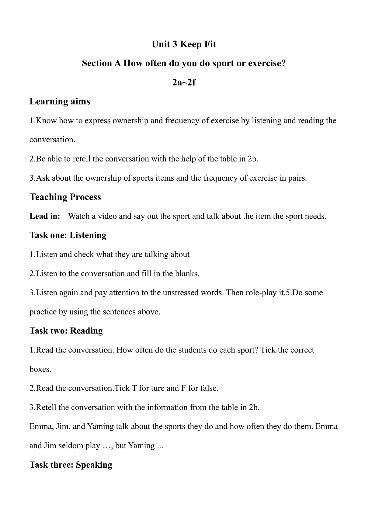 人教版初中英语七年级下册Unit 3 Keep Fit Section A（2a-2f) 学历案第1页