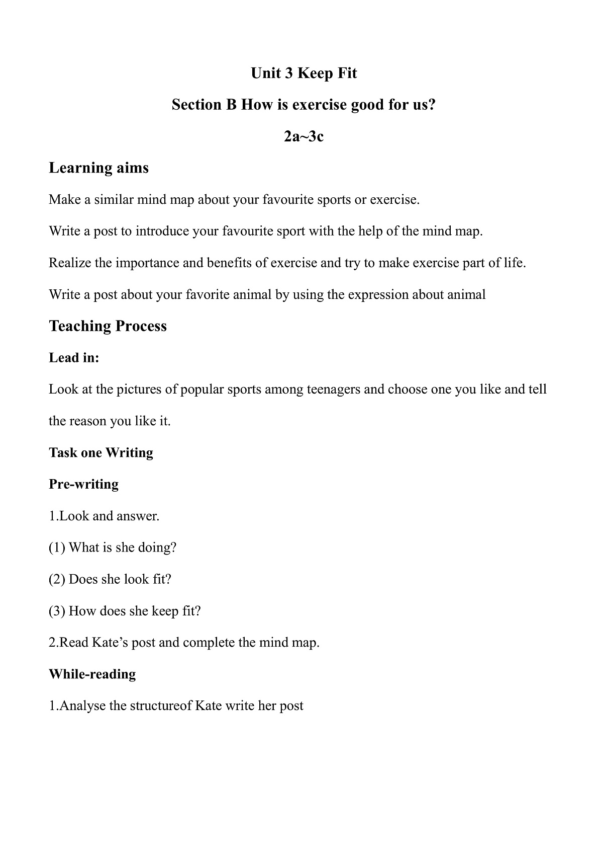 人教版初中英语七年级下册UnitUnit 3 Keep Fit Section B（2a-3c) 学历案第1页
