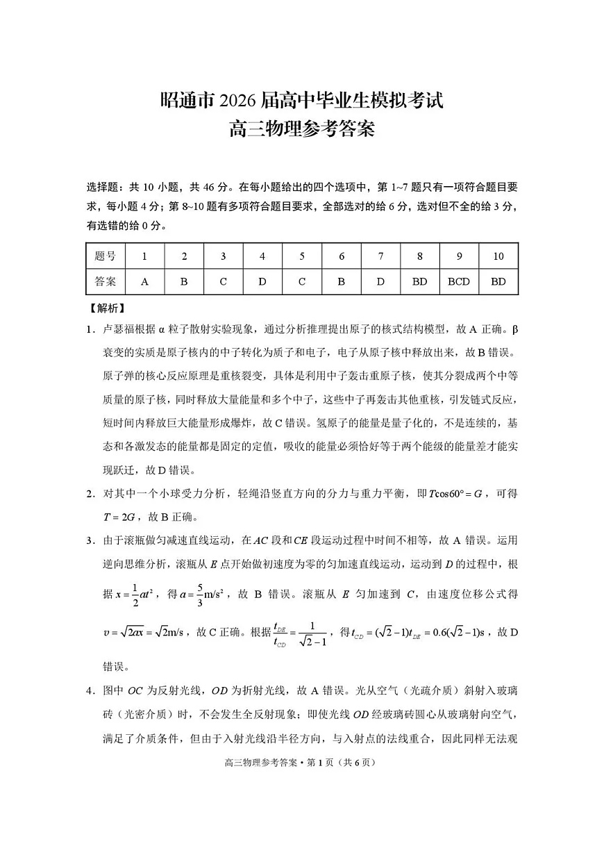 云南省昭通市2026届高中毕业生模拟考试物理答案第1页