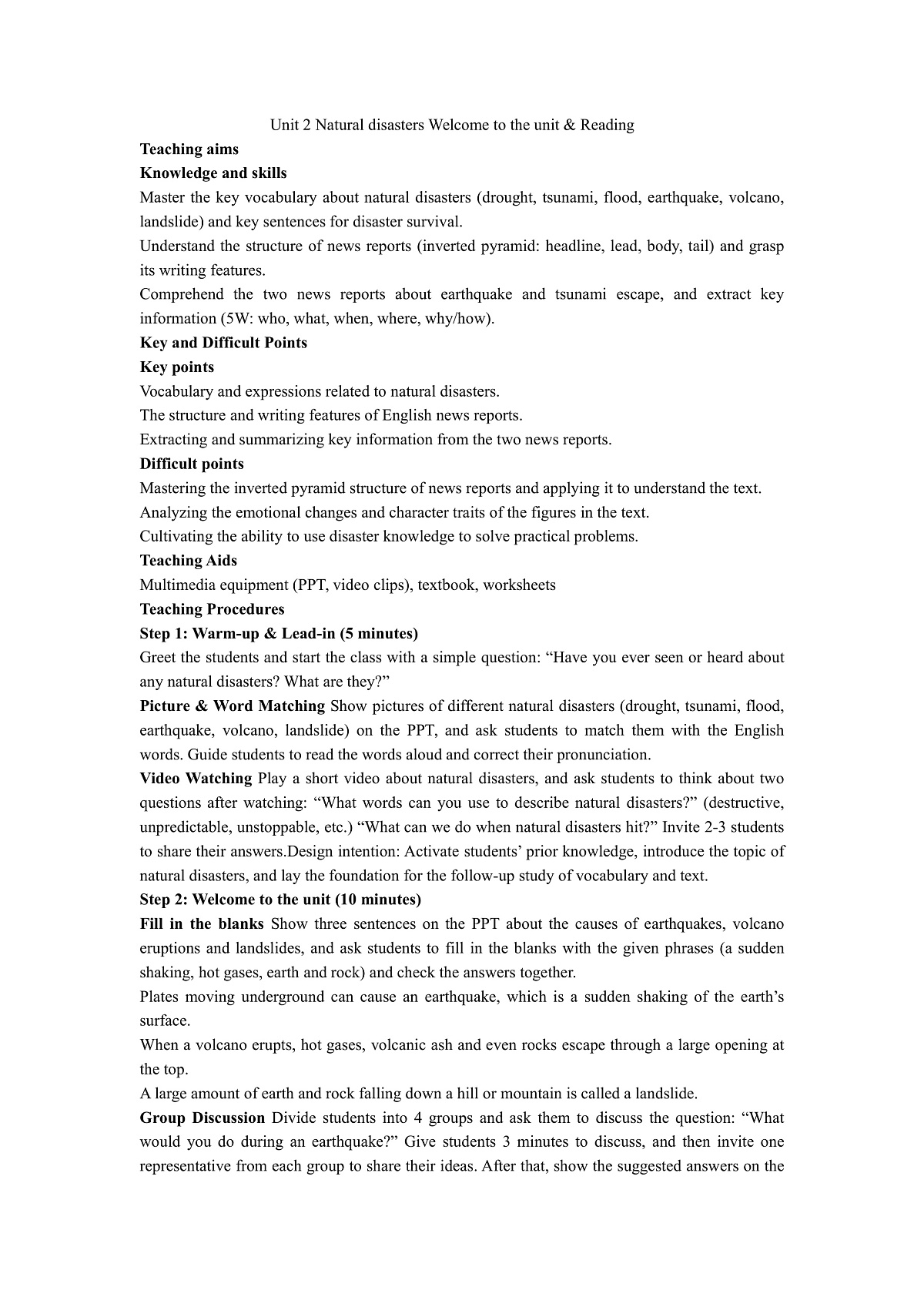 译林高一英语必修三Unit2 Natural disasters Welcome to the unit&Reading教案第1页