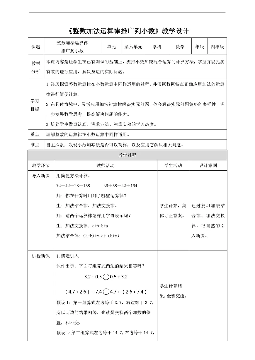 【核心素养】人教版数学四下6.4《整数加法运算律推广到小数》教案（表格式）第1页