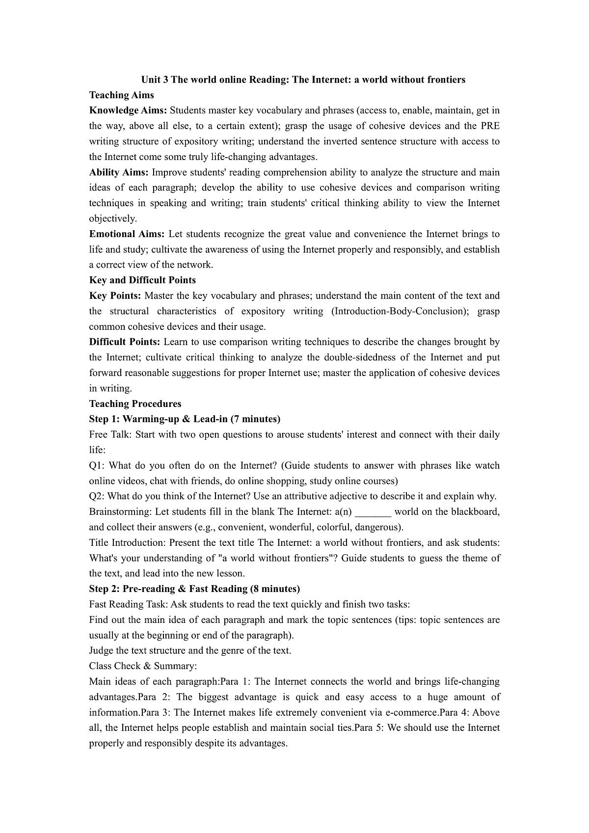 译林英语高一必修三Unit3The world online Reading教案第1页