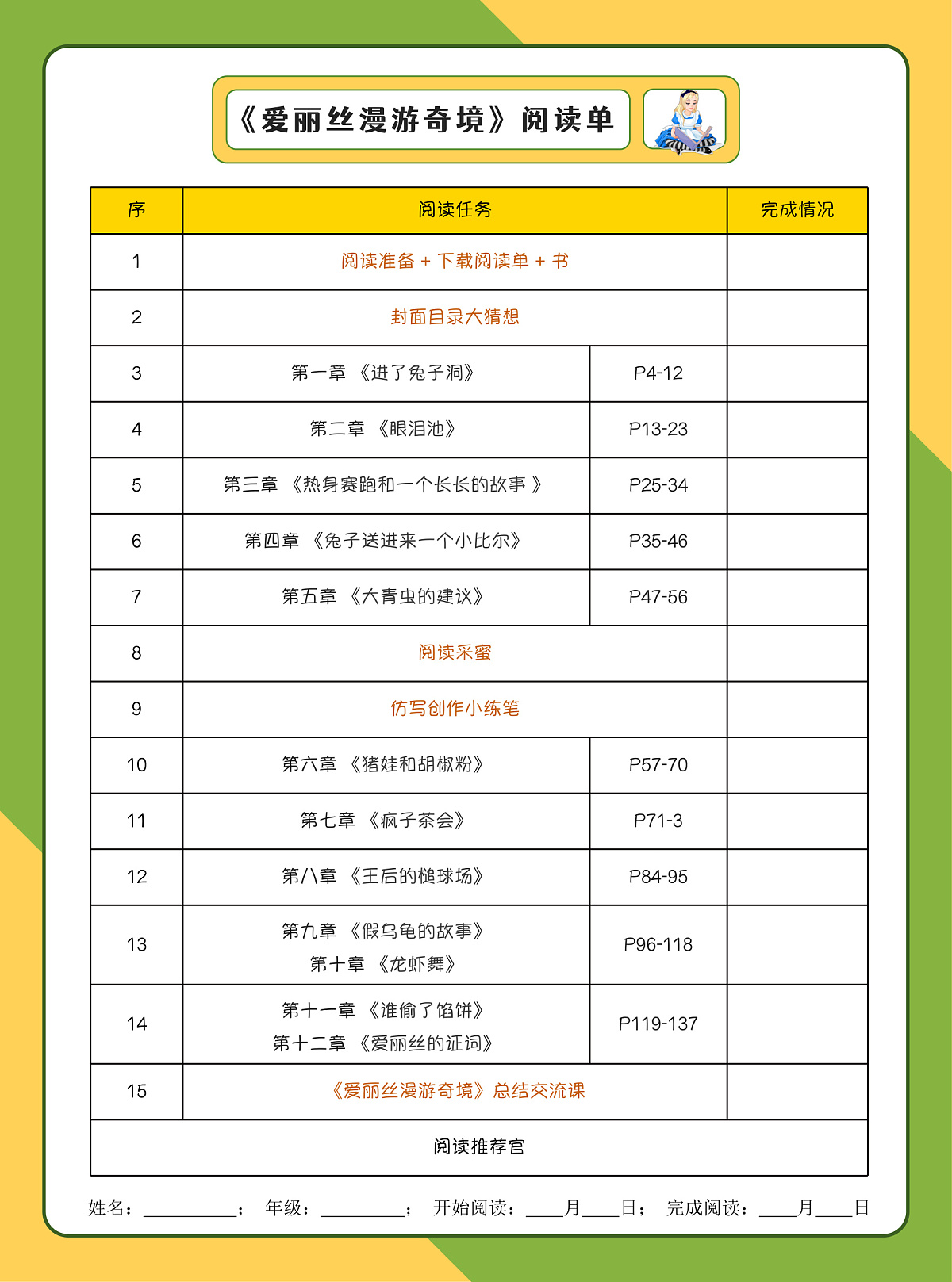 【阅读单】《爱丽丝漫游奇境》-赠送第1页