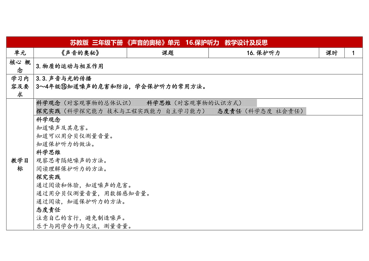 4.16《保护听力》 教学设计 -2025-2026学年科学三年级下册苏教版第1页