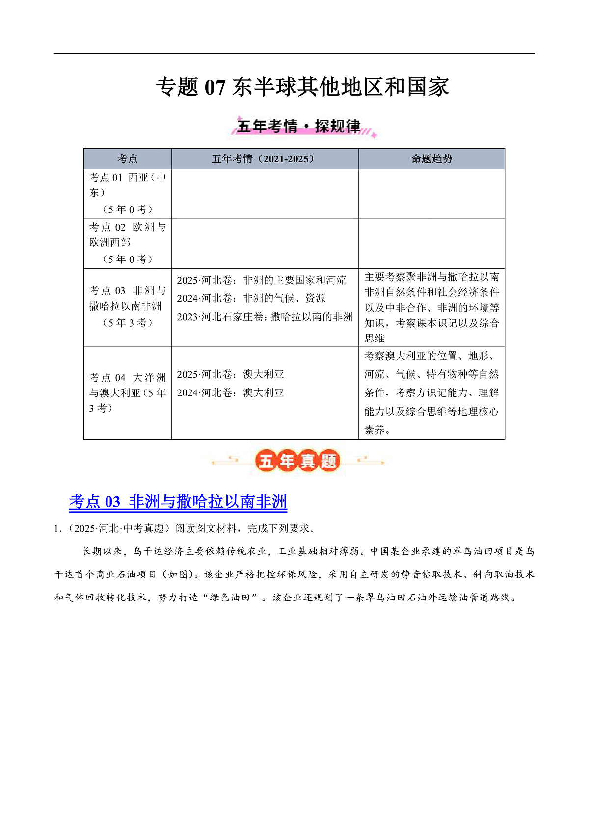 专题07东半球其他地区和国家（河北专用）（原卷版）第1页