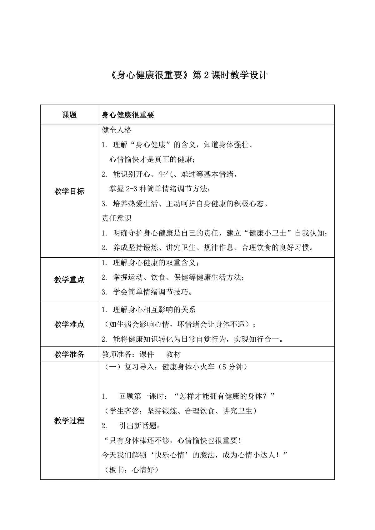 第1课2课时《身心健康很重要》教案 第1页
