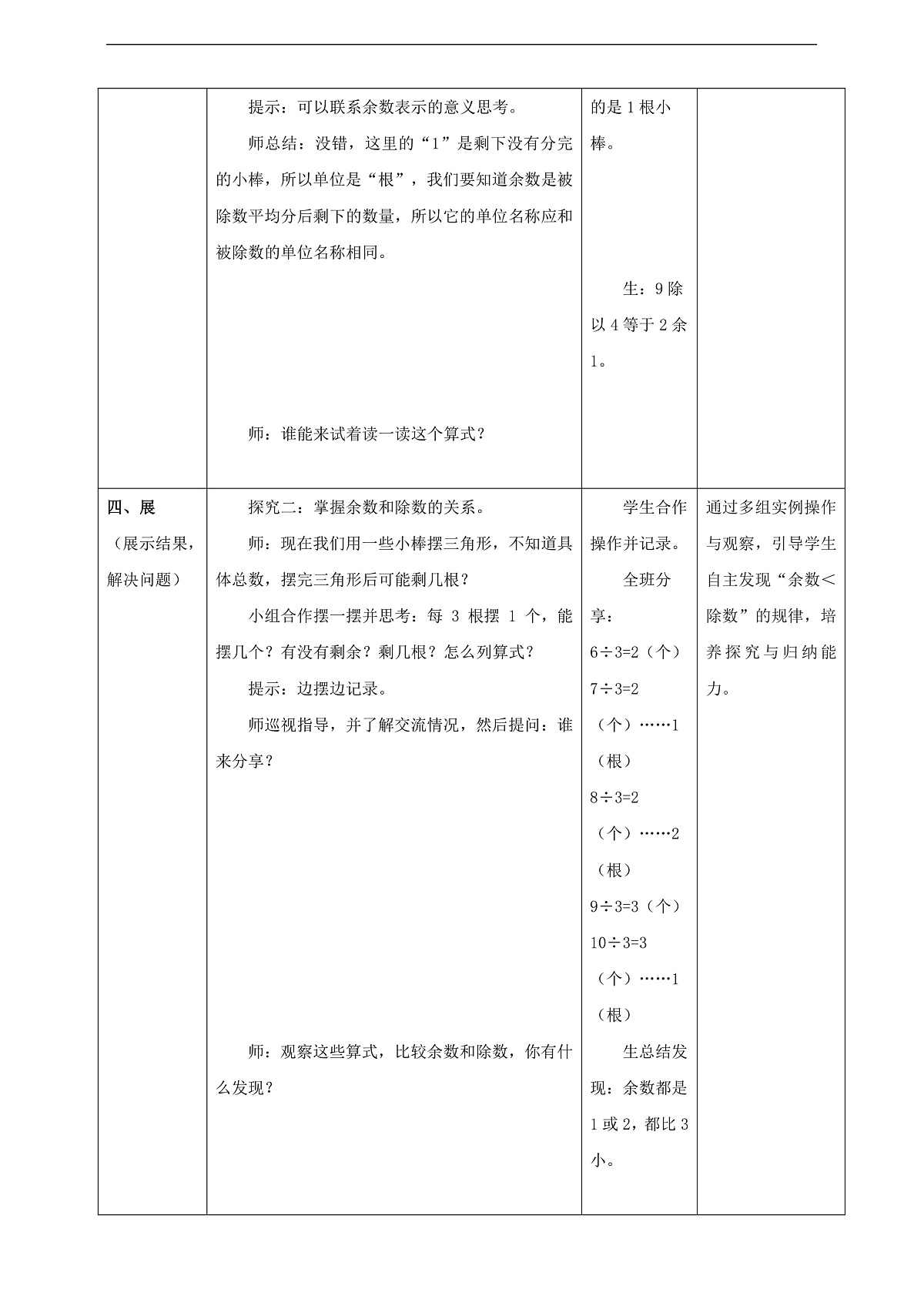 【表格式】人教版二下1.1《有余数除法的认识及余数和除数的关系》教案第3页