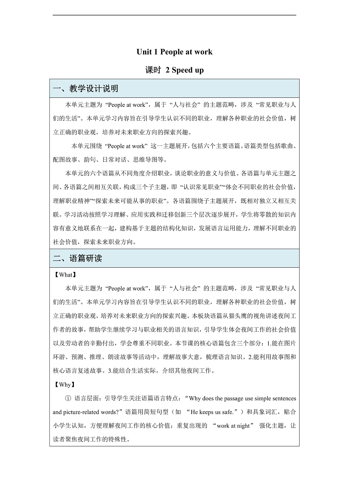 Unit 1 People at work 第二课时 Speed up 教学设计-外研版四下第1页