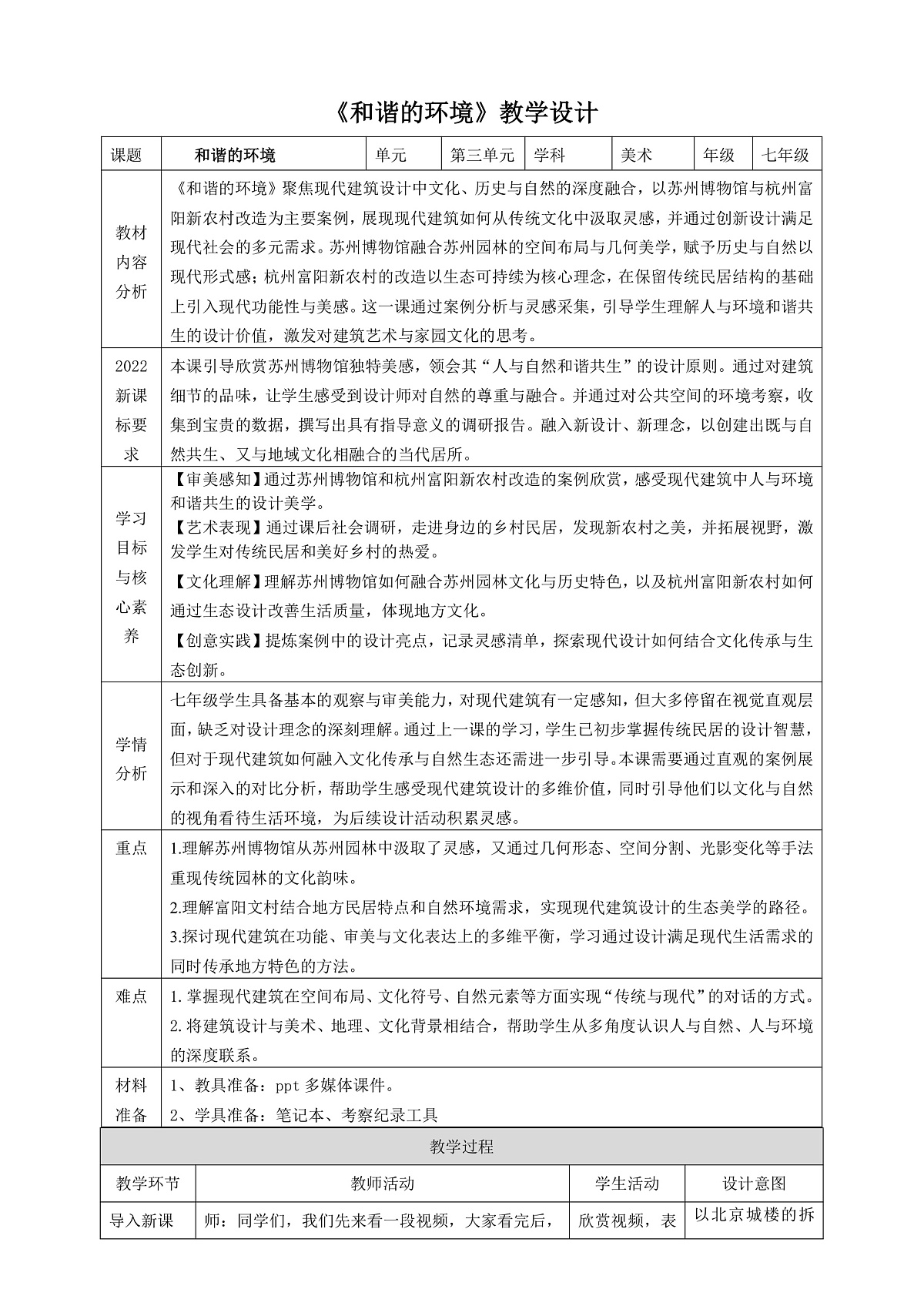 2026人美版美术七年级下册3-2《和谐的环境》教学设计第1页