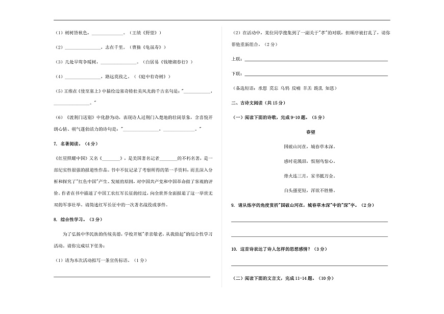 初中学业水平暨高中招生语文模拟试卷汇编（11）（原卷版）A3第2页