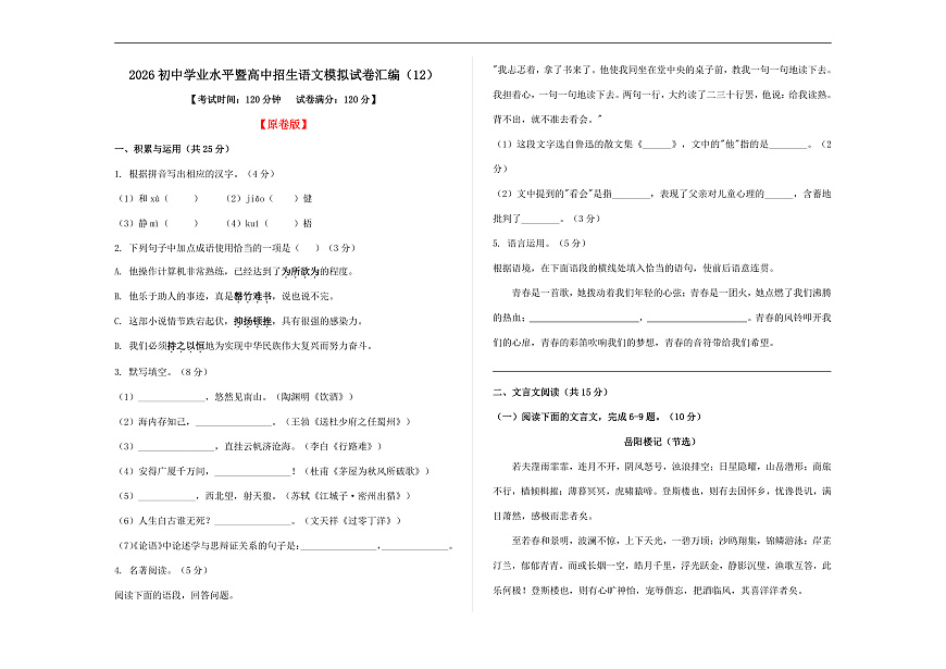 初中学业水平暨高中招生语文模拟试卷汇编（12）（原卷版）A3第1页