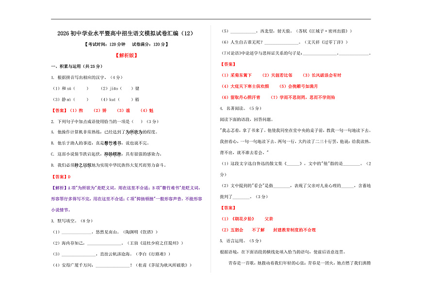初中学业水平暨高中招生语文模拟试卷汇编（12）（解析版）A3第1页