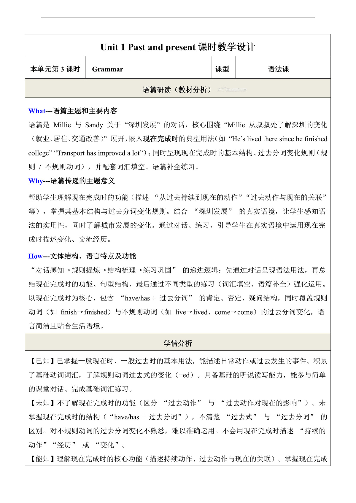 【教学评一体化】Unit 1 Past and present 第3课时Grammar 教学设计第1页
