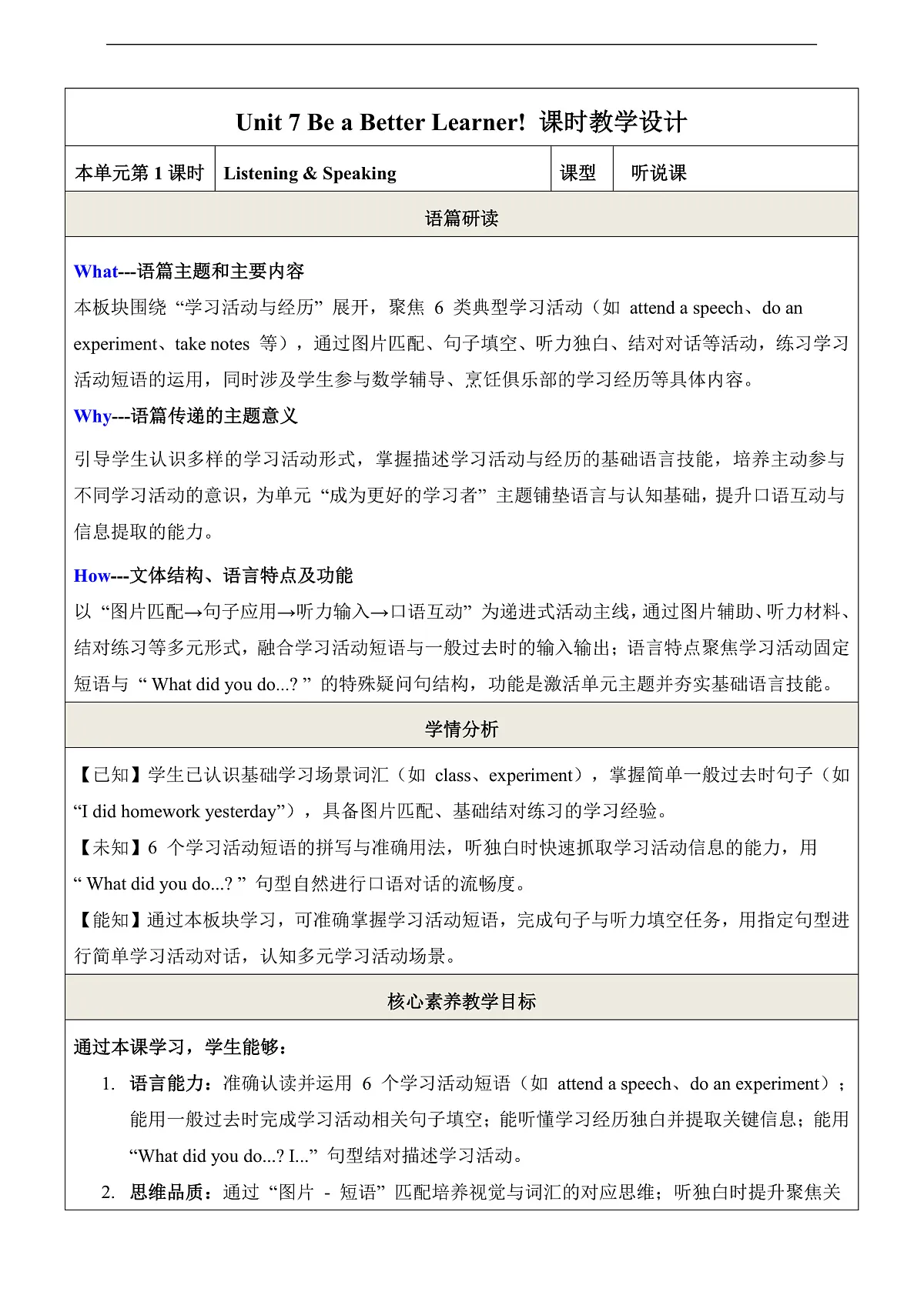 【教学评一体化】Unit7 Be a Better Learner! 第1课时Listening & Speaking 教学设计（表格式）第1页