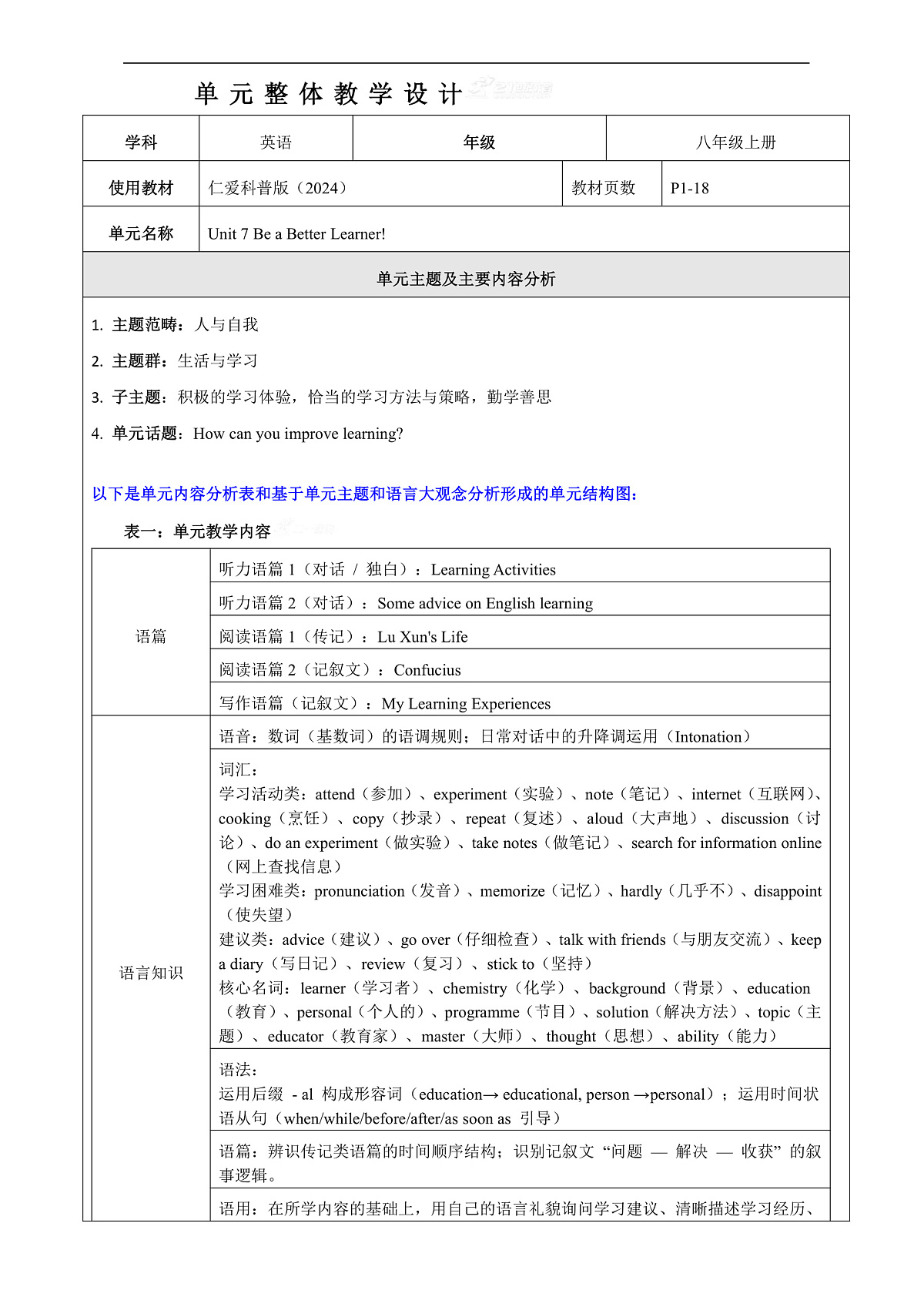 【教学评一体化】Unit7 Be a Better Learner! 大单元整体教学分析（表格式）第1页