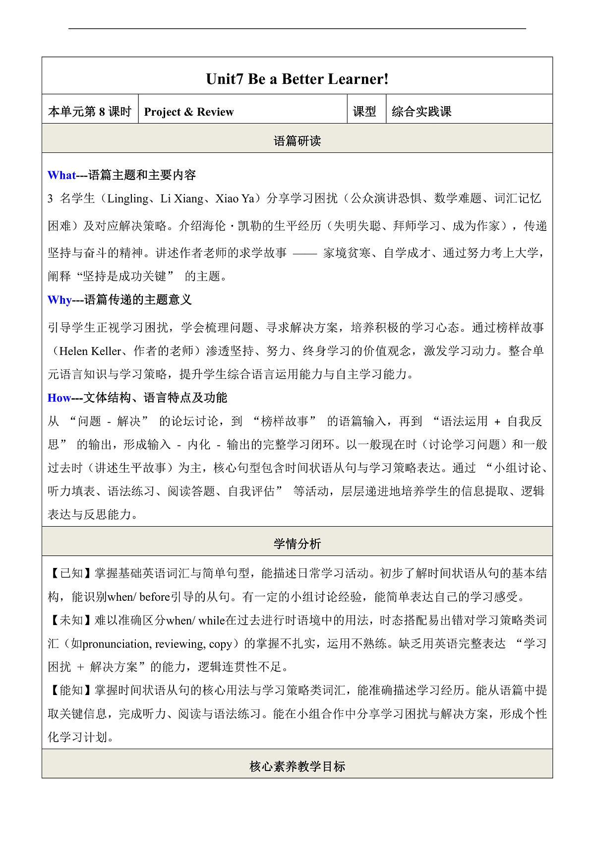 【教学评一体化】Unit7 Be a Better Learner! 第8课时Project and Review 教学设计（表格式）第1页