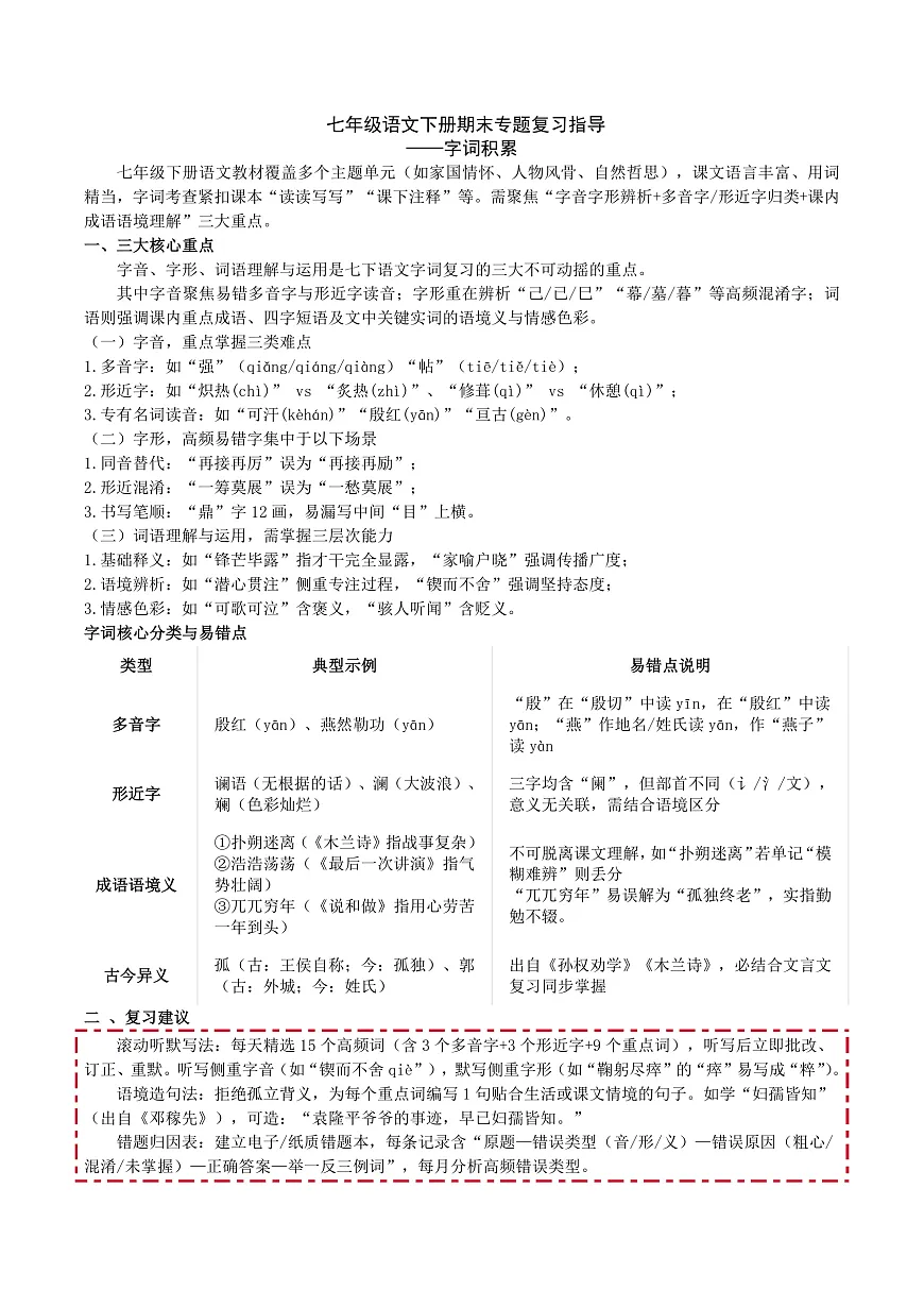 七语下期末字词积累专题复习（讲义）第1页