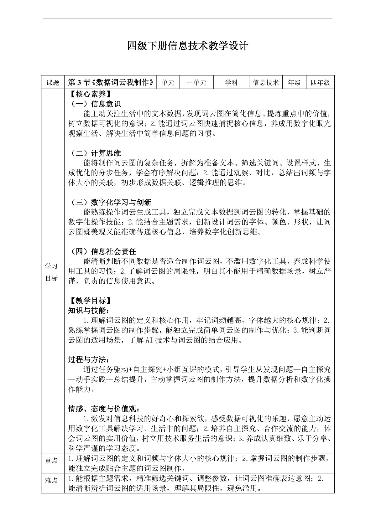 【核心素养目标】四年级下册信息技术第一单元第三节《数据词云我制作》川教版2024 教案第1页