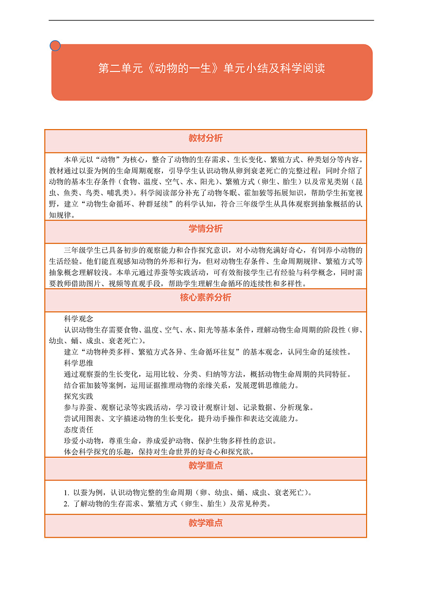【核心素养】第二单元《动物的一生》单元小结及科学阅读教案含反思第1页