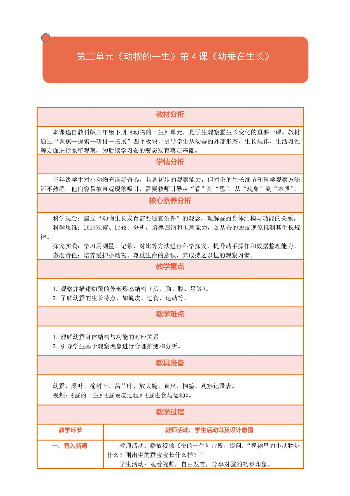 【核心素养】第二单元《动物的一生》第4课《幼蚕在生长》教案含反思第1页