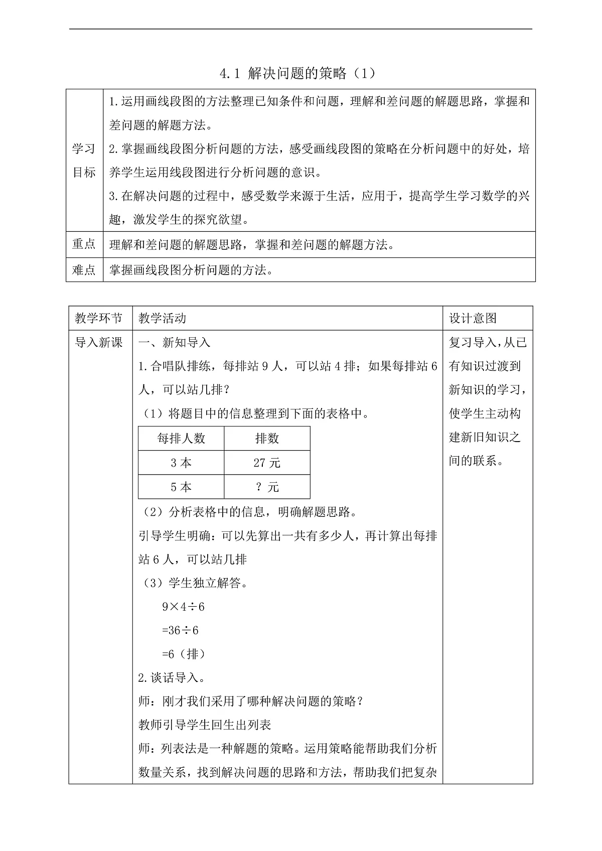 【任务型备课】苏教版四年级下册-4.1 解决问题的策略（1）（教案）第1页