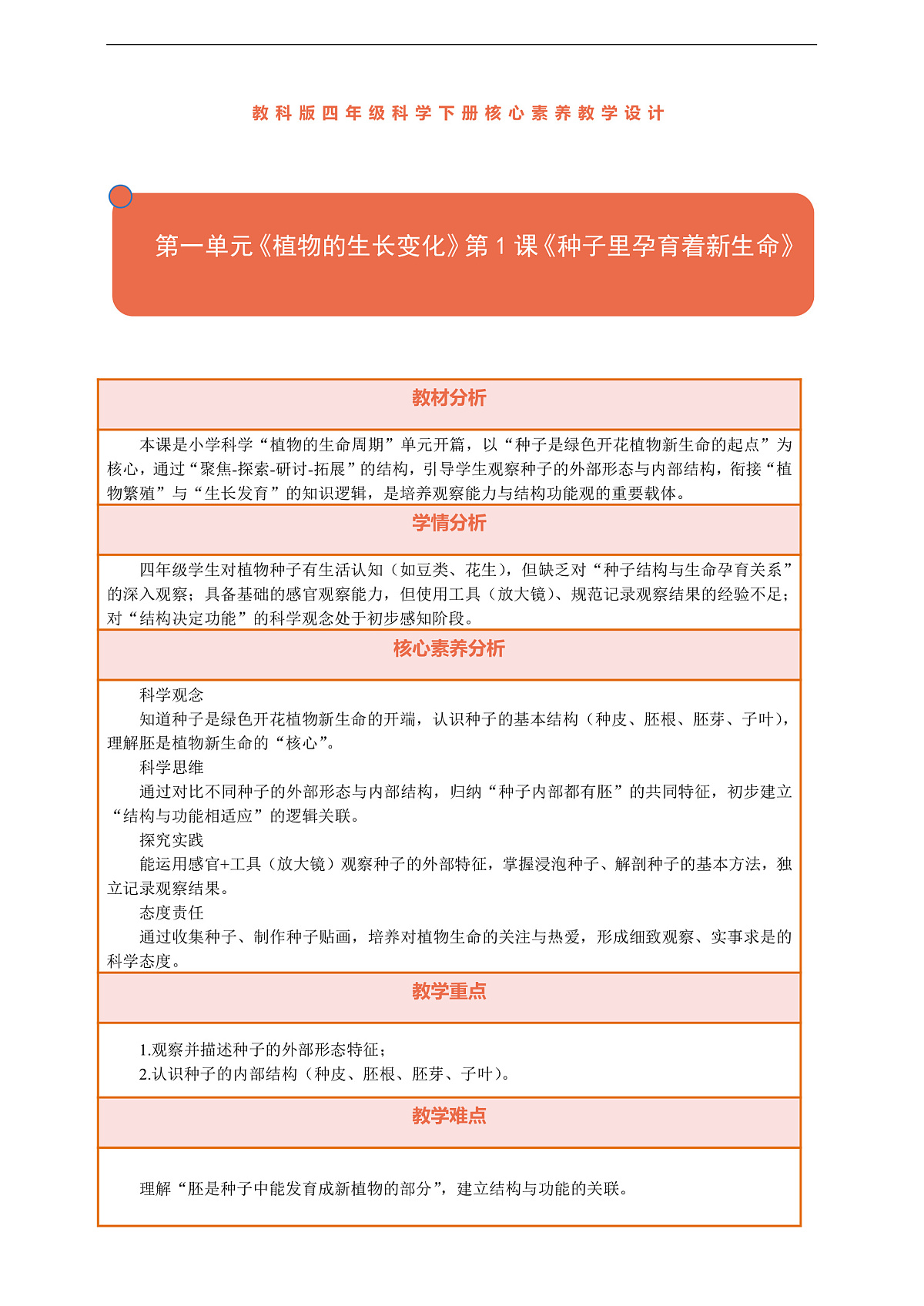 【核心素养】第一单元《植物的生长变化》第1课《种子里孕育着新生命》教案含反思第1页