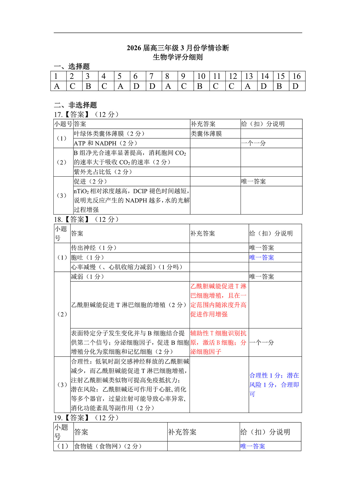 高三3月份生物评分细则（2026届高三年级3月份学情诊断）第1页
