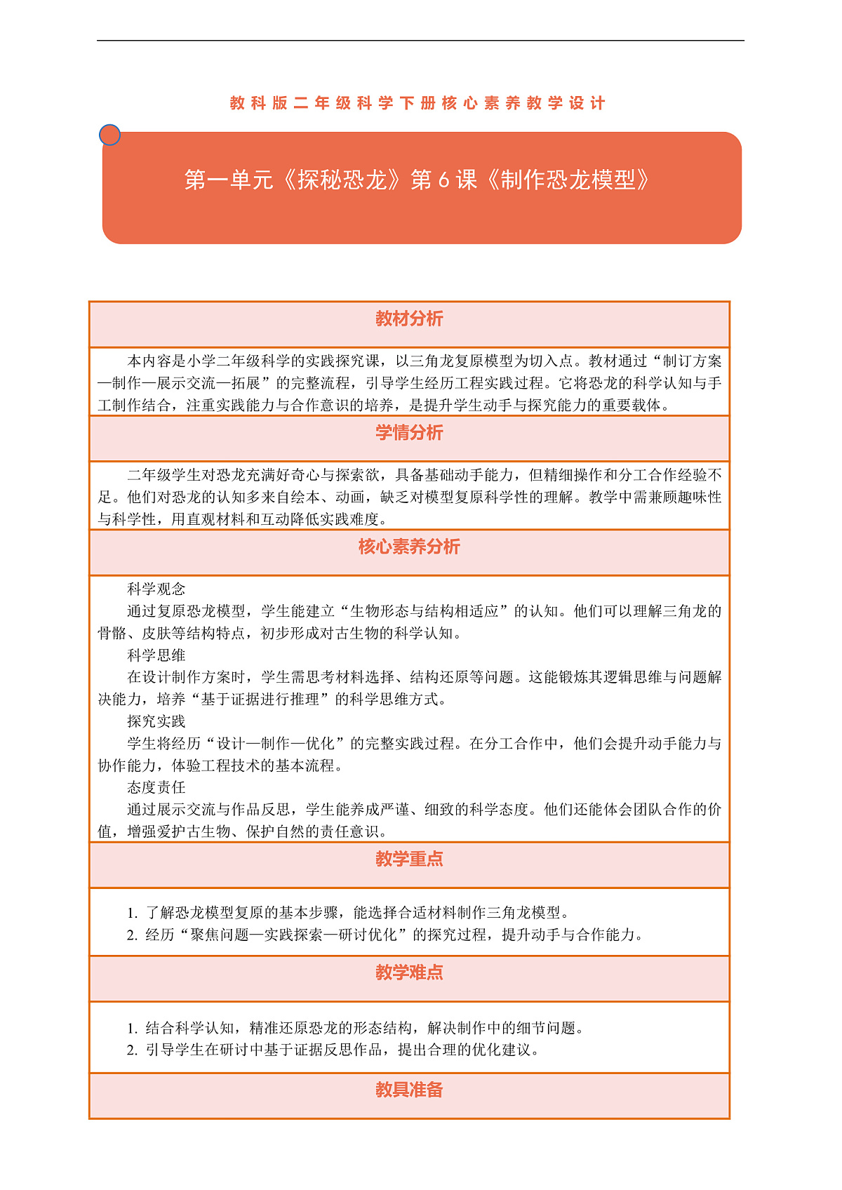 【核心素养】第一单元《探秘恐龙》第6课《制作恐龙模型》教案含反思第1页