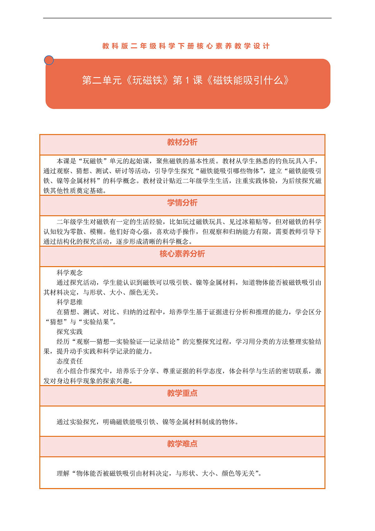 【核心素养】第二单元《玩磁铁》第1课《磁铁能吸引什么》教案含反思第1页