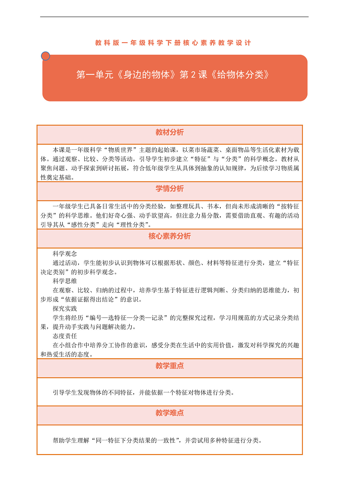 【核心素养】第一单元《身边的物体》第2课《给物体分类》教案含反思第1页