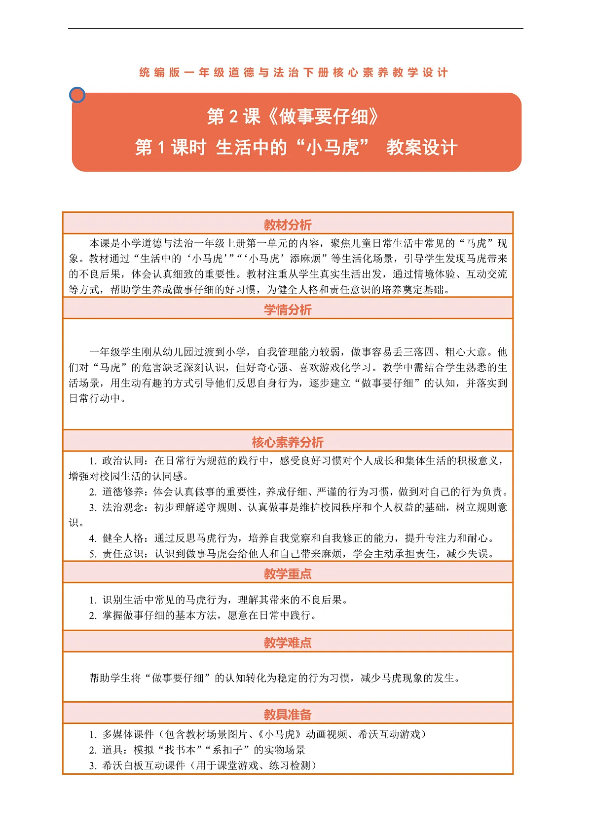 2.1《做事要仔细——生活中的“小马虎”》教案设计第1页