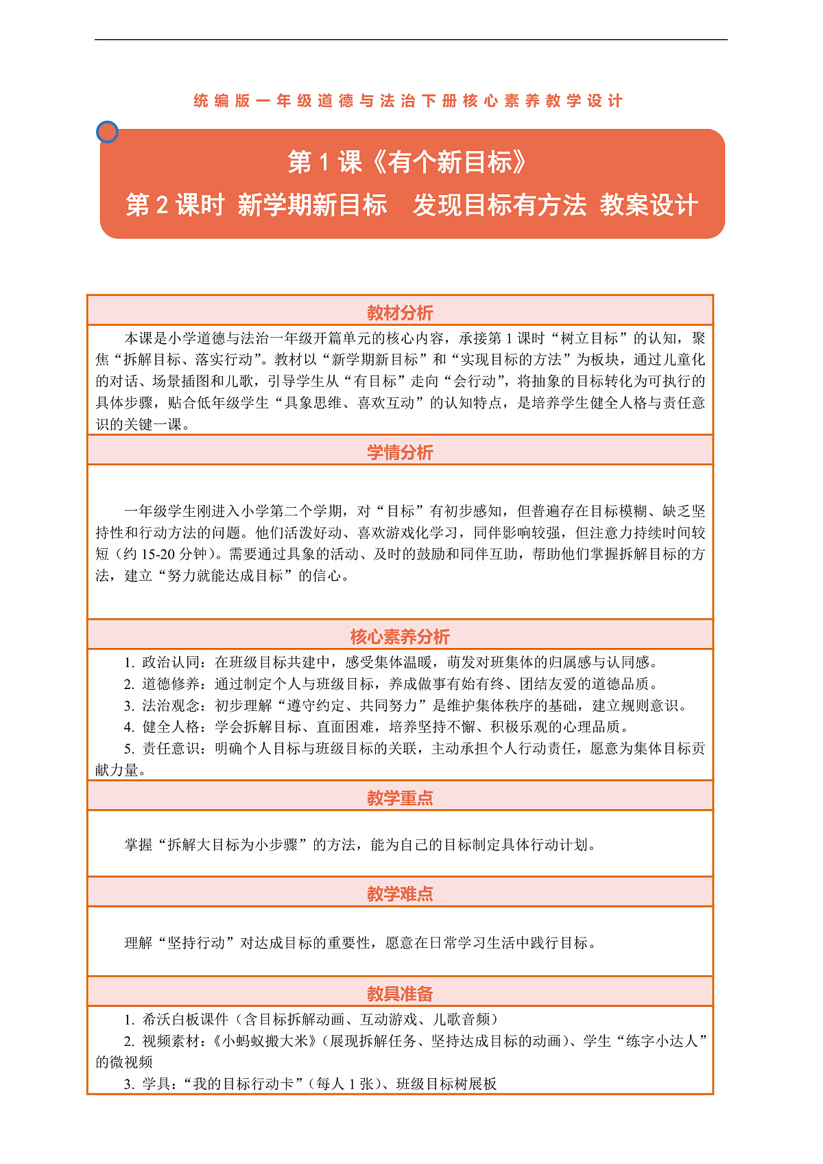 1.2《有个新目标——新学期新目标 发现目标有方法》教案设计第1页