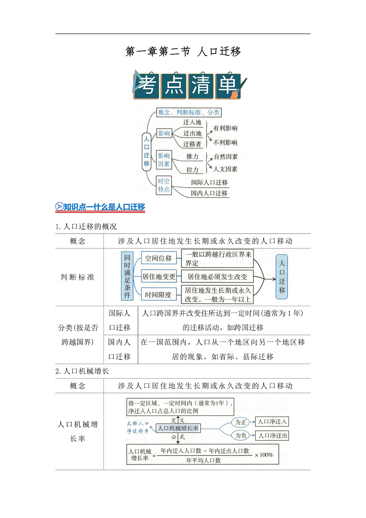 第一章第二节 人口迁移  2025-2026学年高中地理必修二课堂同步复习讲义（原卷版）第1页