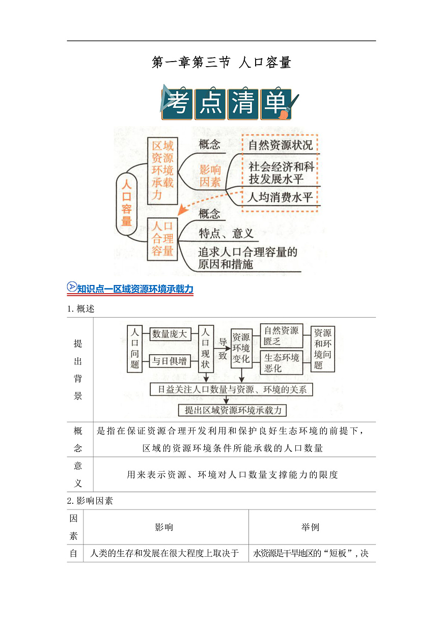 第一章第三节 人口容量  2025-2026学年高中地理必修二课堂同步复习讲义（原卷版）第1页