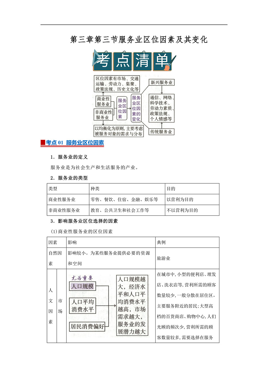 第三章第三节服务业区位因素及其变化   2025-2026学年高中地理必修二课堂同步复习讲义（原卷版）第1页