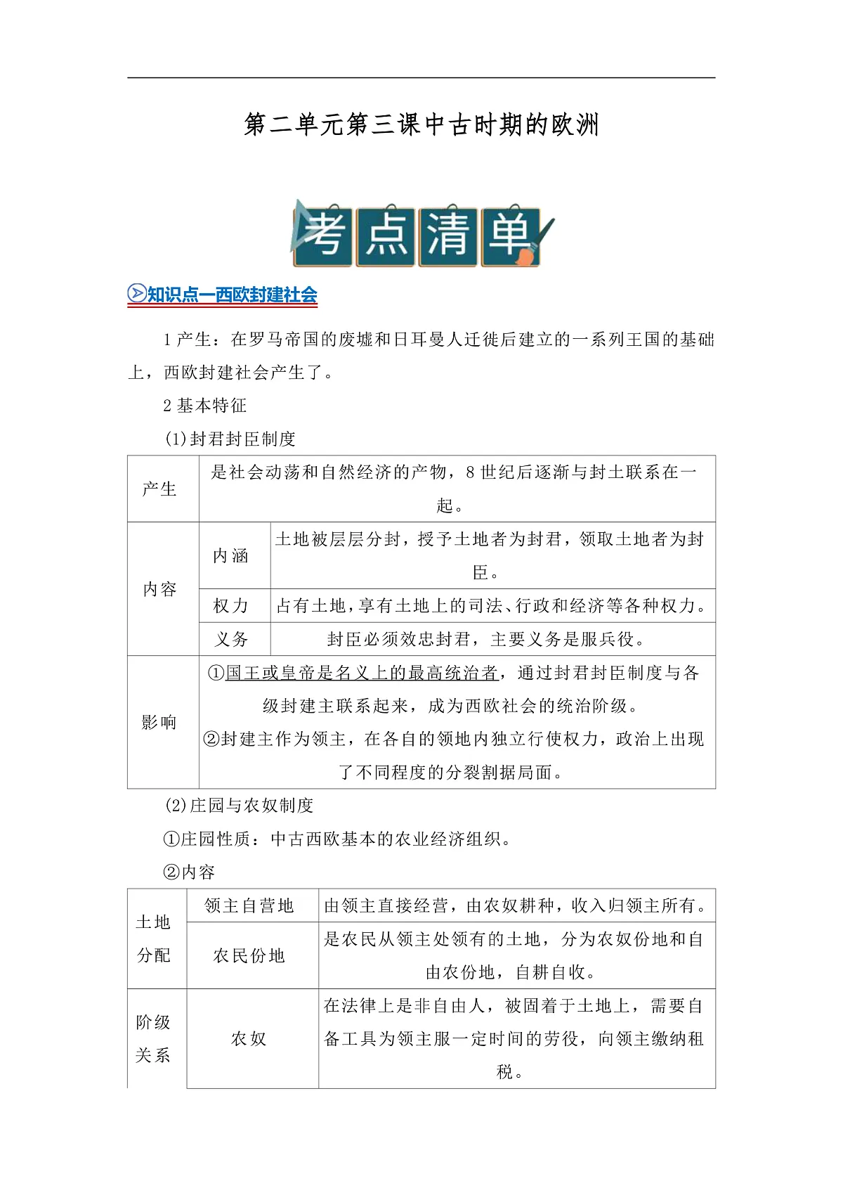 第二单元第3课 中古时期的欧洲2025-2026学年高中历史统编版 必修 中外历史纲要（下）同步复习讲义（原卷版）第1页