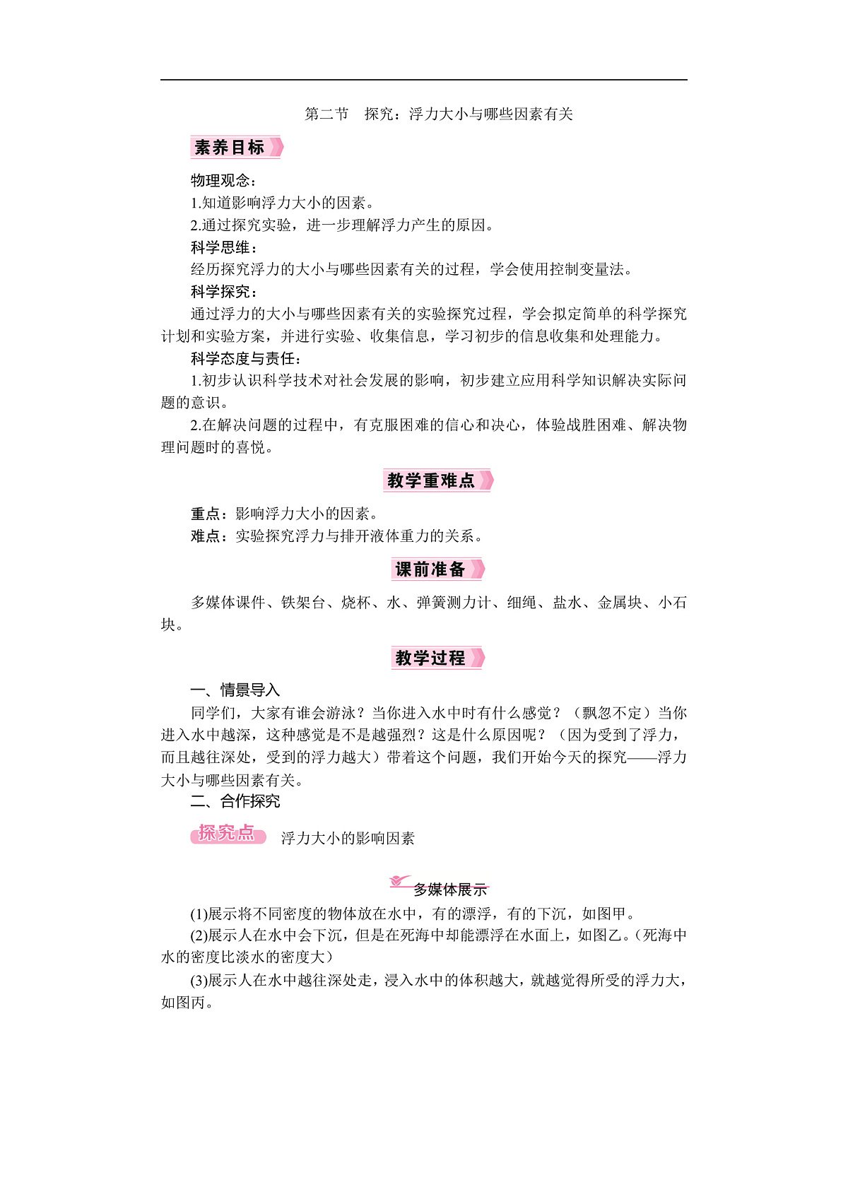 2026年八年级下册 物理沪科版（2024）  电子教案 第九章 浮力 第二节　探究：浮力大小与哪些因素有关第1页