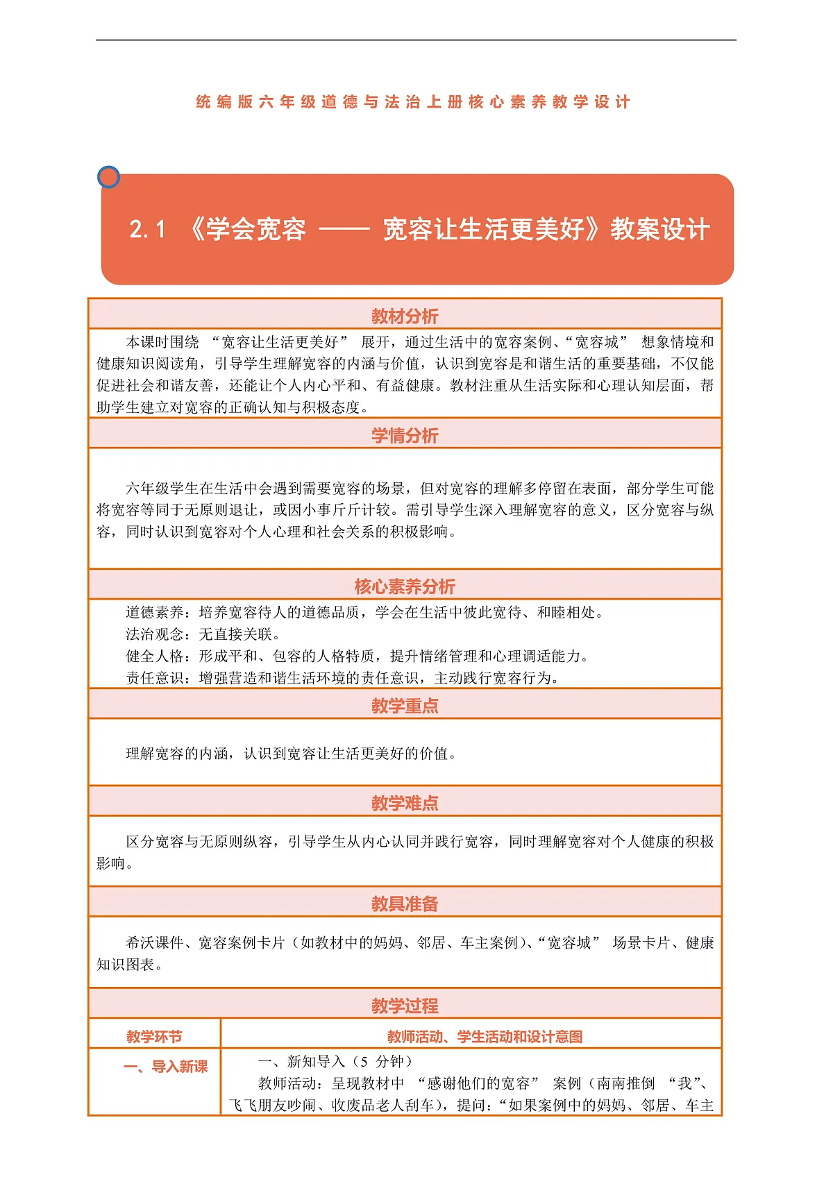 2.1 《学会宽容 —— 宽容让生活更美好》教案设计第1页