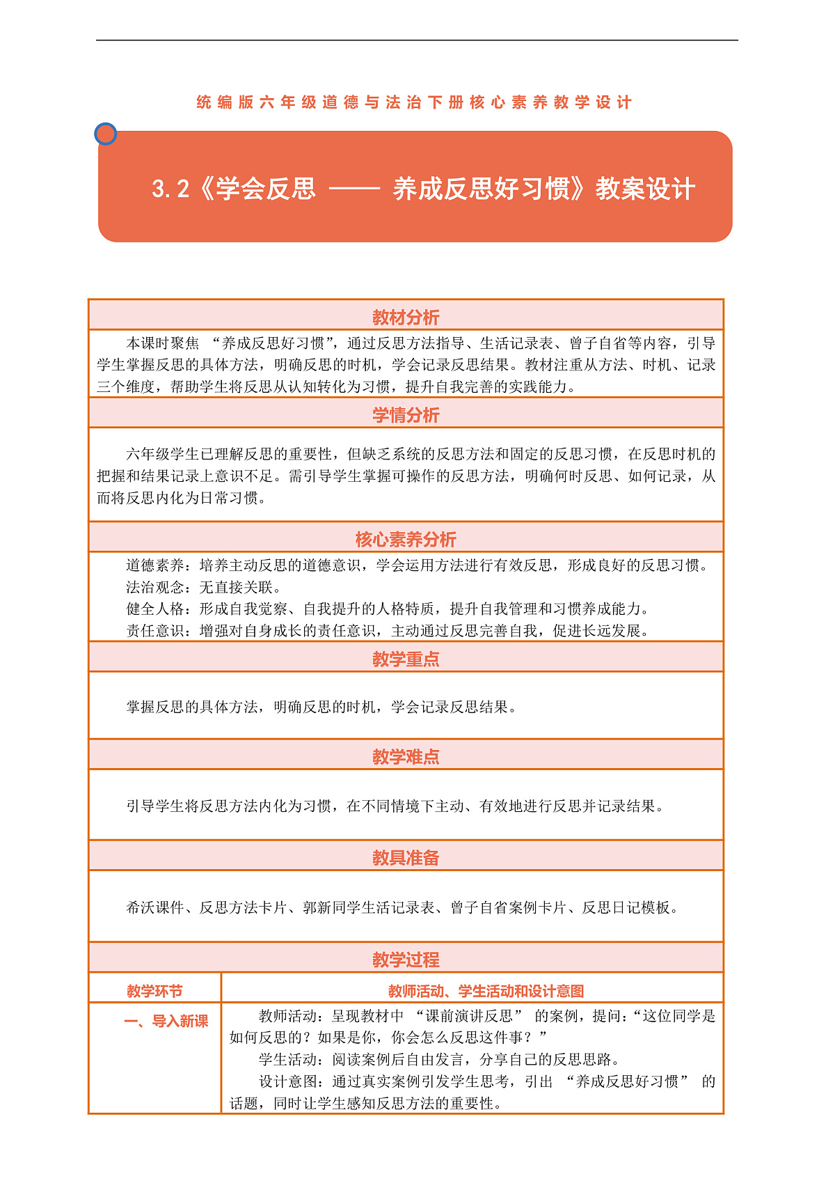 3.2《学会反思 —— 养成反思好习惯》教案设计第1页