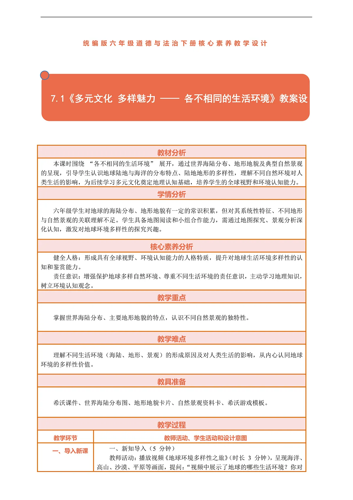 7.1《多元文化 多样魅力 —— 各不相同的生活环境》教案设计第1页