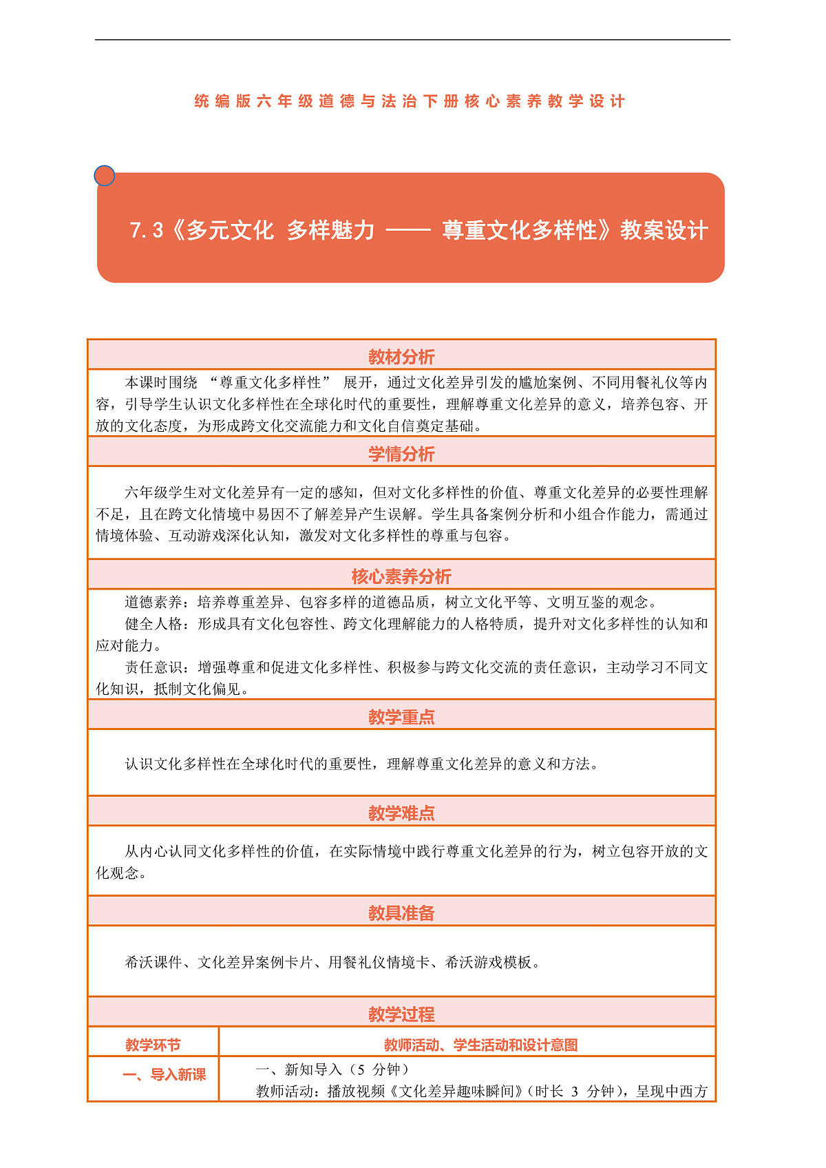 7.3《多元文化 多样魅力 —— 尊重文化多样性》教案设计第1页
