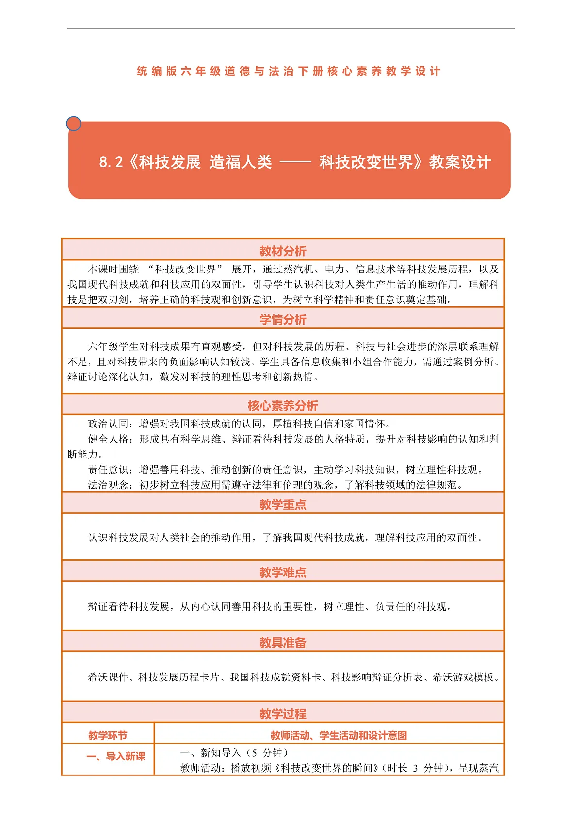 8.2《科技发展 造福人类 —— 科技改变世界》教案设计第1页