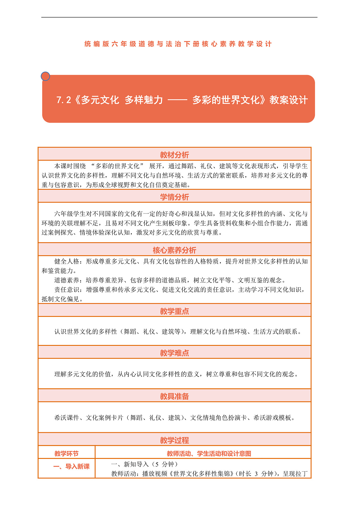 7.2《多元文化 多样魅力 —— 多彩的世界文化》教案设计第1页