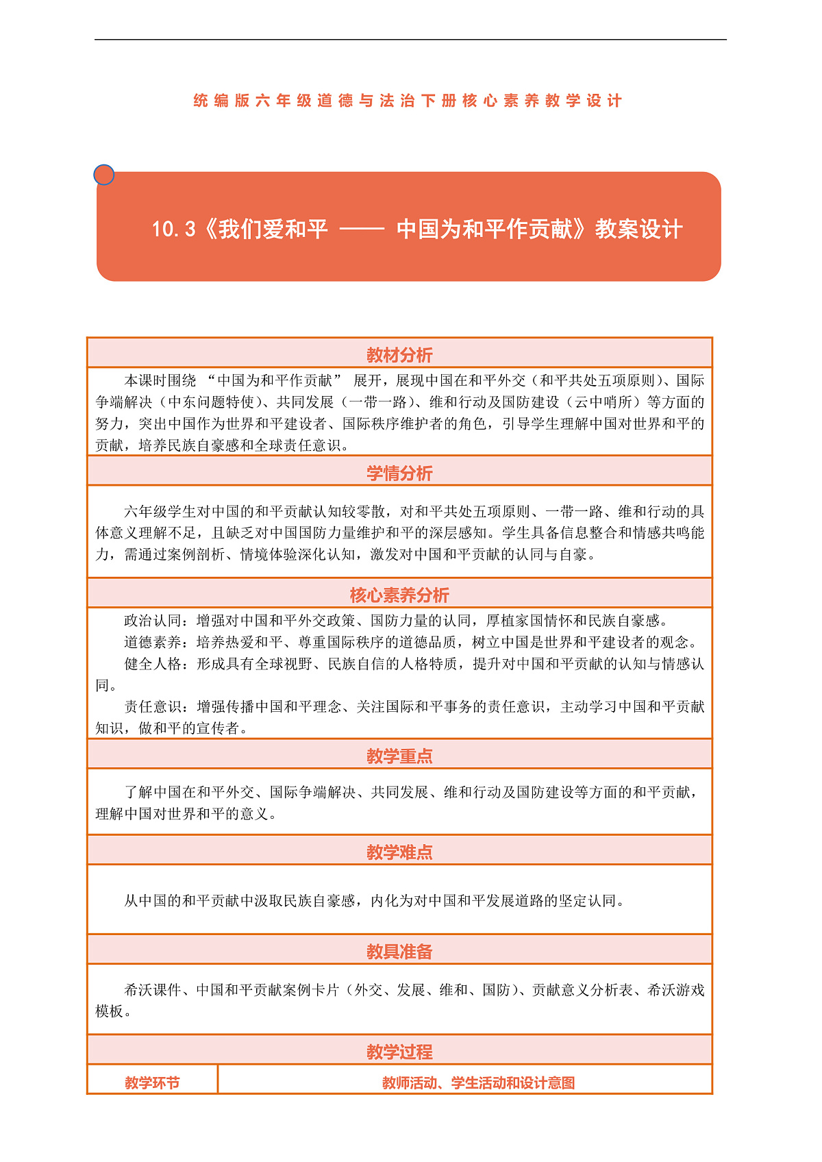 10.3《我们爱和平 —— 中国为和平作贡献》教案设计第1页