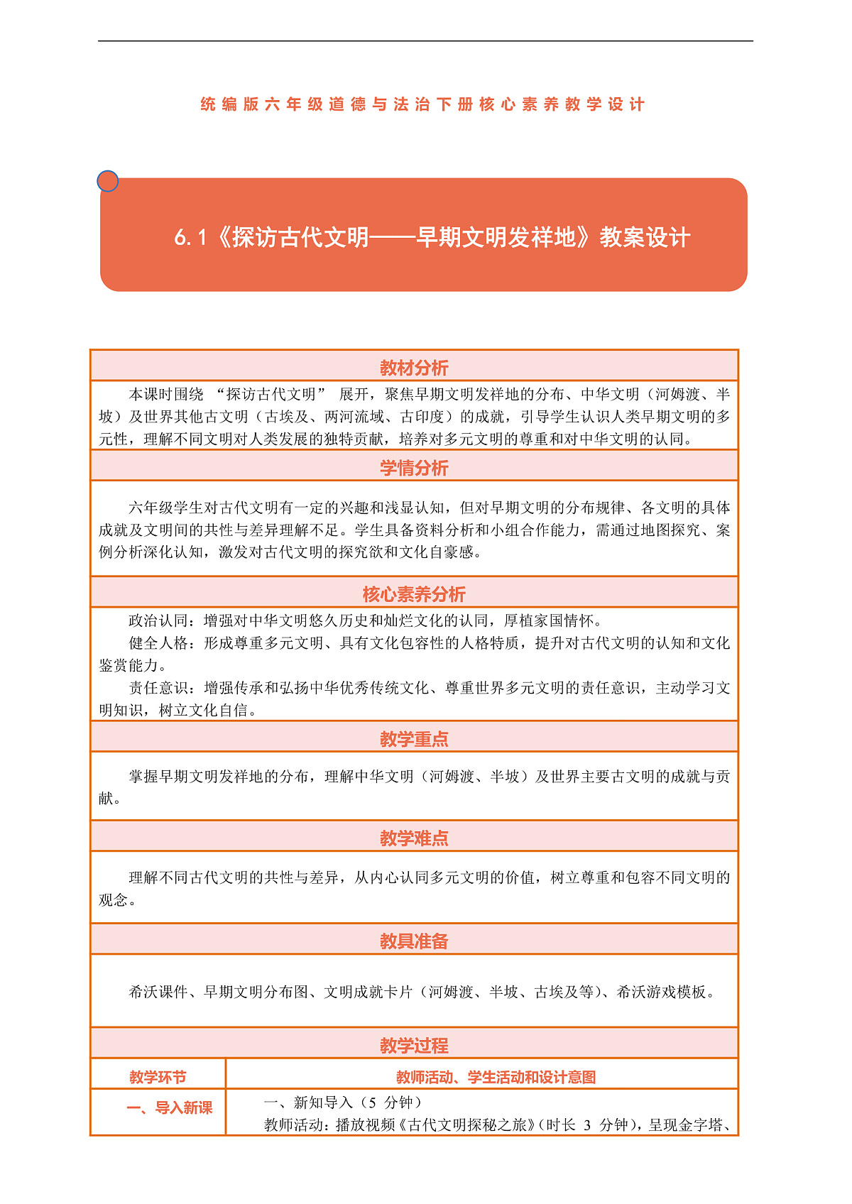 6.1《探访古代文明——早期文明发祥地》教案设计第1页