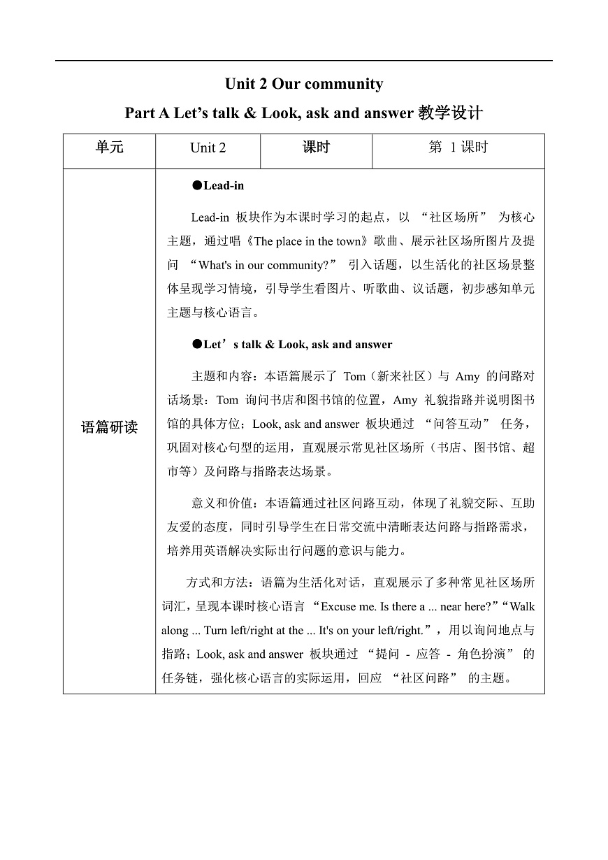 Unit 2 第1课时 Part A Let’s talk&Look, ask and answer 教学设计第1页