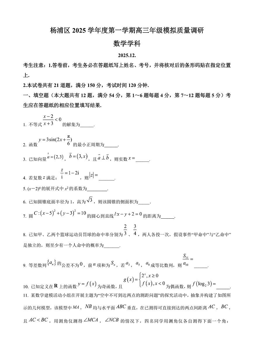 上海市杨浦区2026届高三上学期模拟质量调研（一模）数学试题（原卷版）第1页