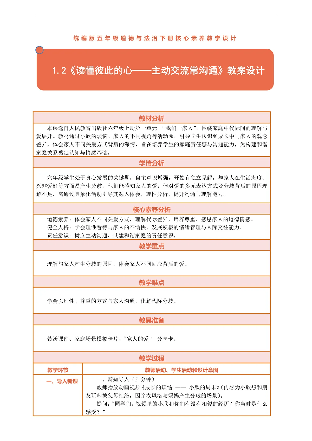 1.2《读懂彼此的心——主动交流常沟通》教案设计第1页