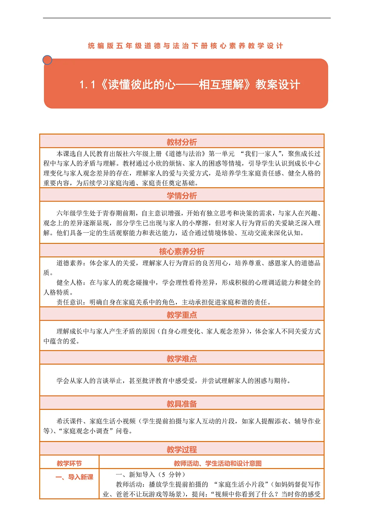 1.1《读懂彼此的心——相互理解》教案设计第1页