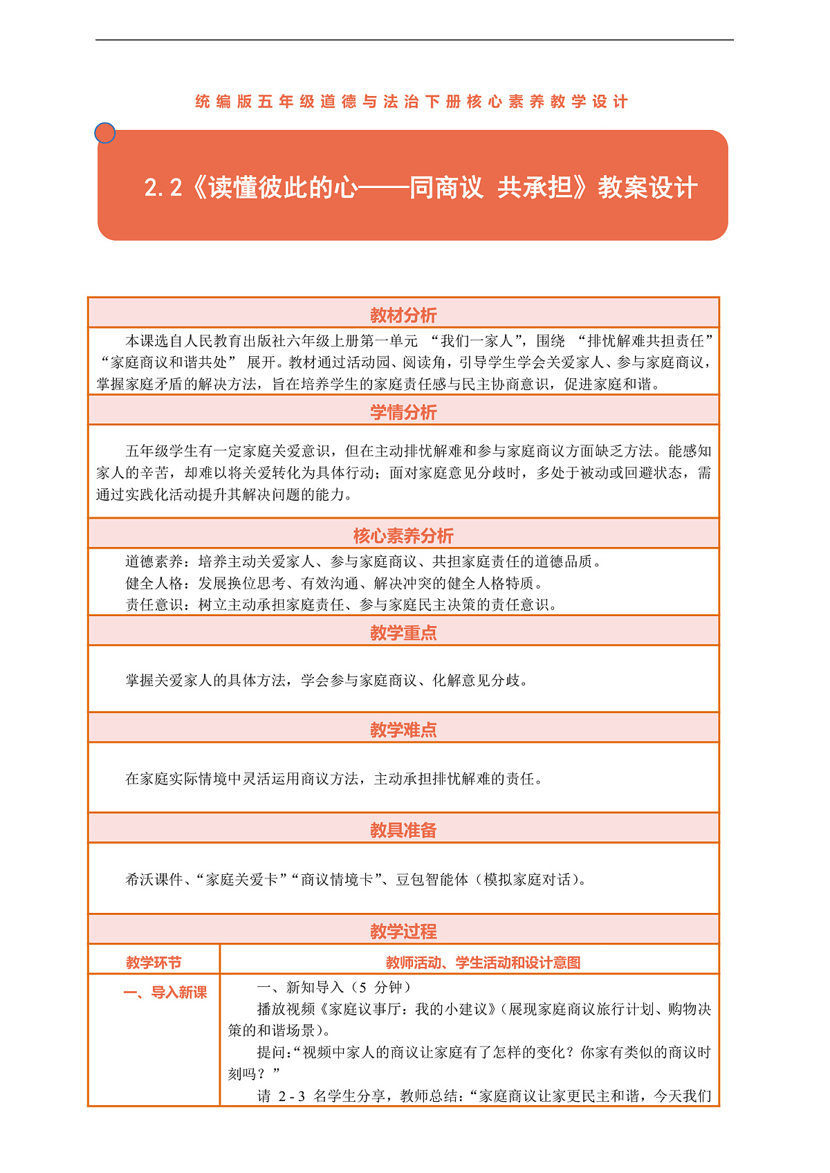 2.2《读懂彼此的心——同商议 共承担》教案设计第1页